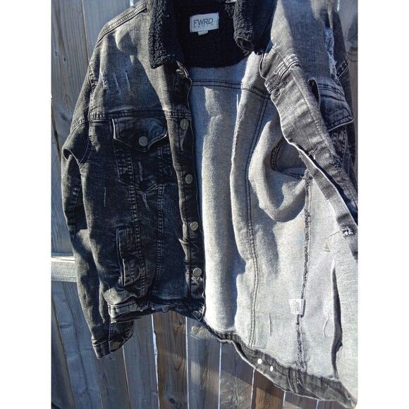 FWRD Denim Jean Jacket Black Distressed Ripped Size XL - Picture 4 of 11
